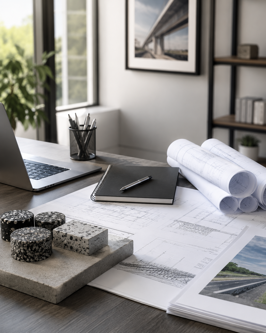 Desk workspace with engineering drawings, rolled plans, a laptop, notebook, and asphalt and concrete material samples.