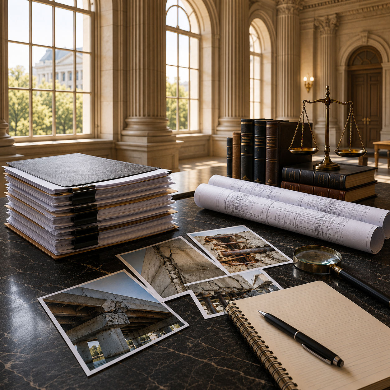 Engineering case review with documents, construction plans, damage photos, and legal books