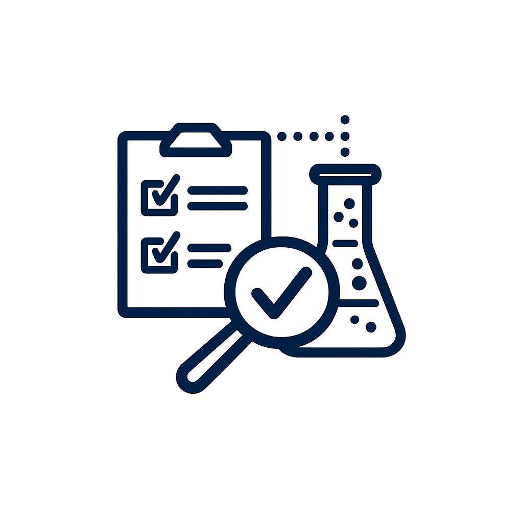 Clipboard, magnifying glass, and lab flask icon representing QA/QC systems, testing, and training development