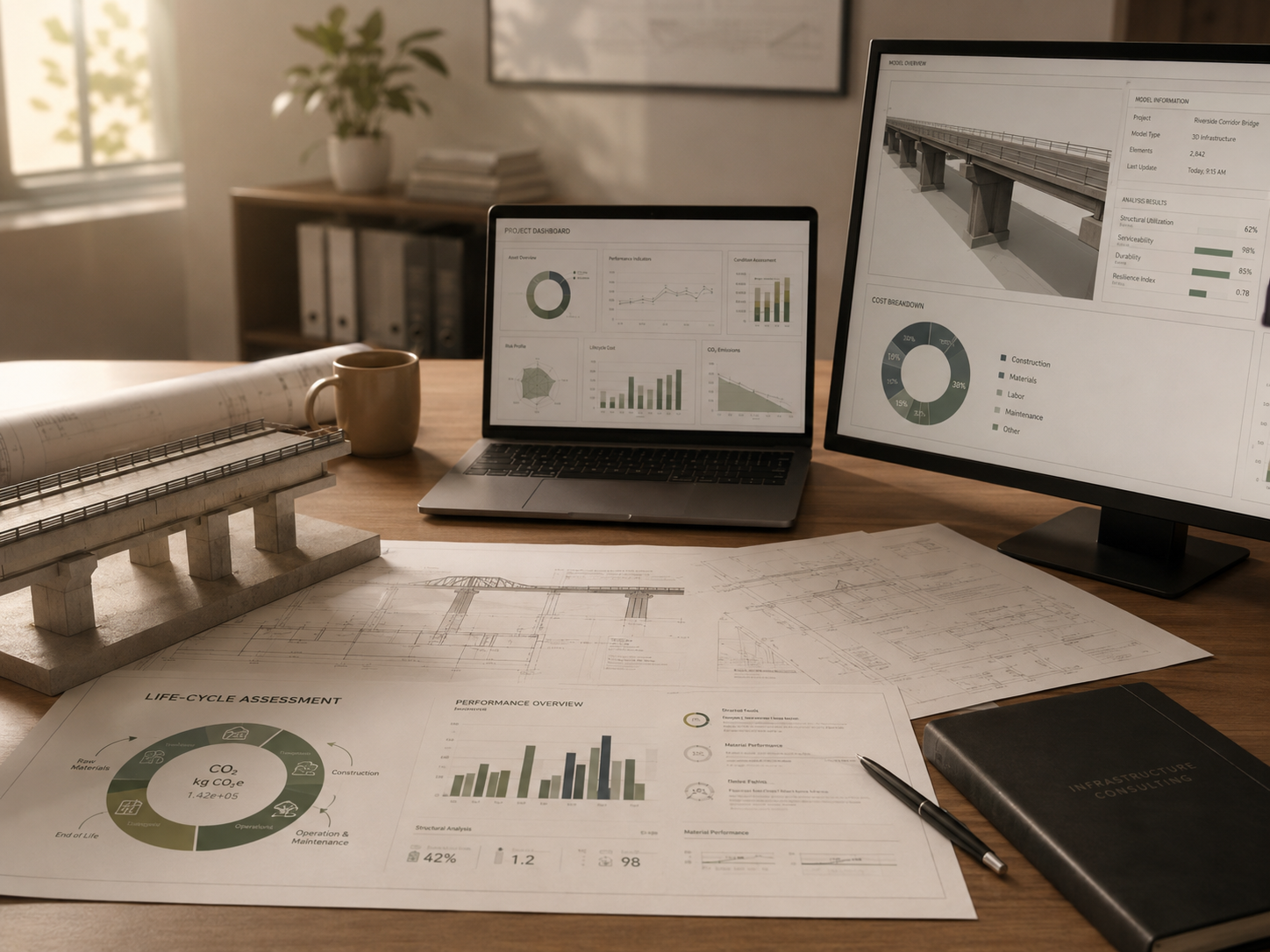 Engineering workspace with infrastructure model, performance charts, life-cycle assessment graphics, and bridge design documents.
