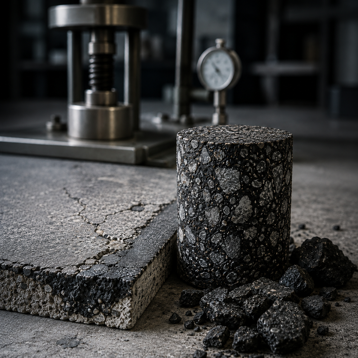 Asphalt and pavement material samples in a laboratory testing setting