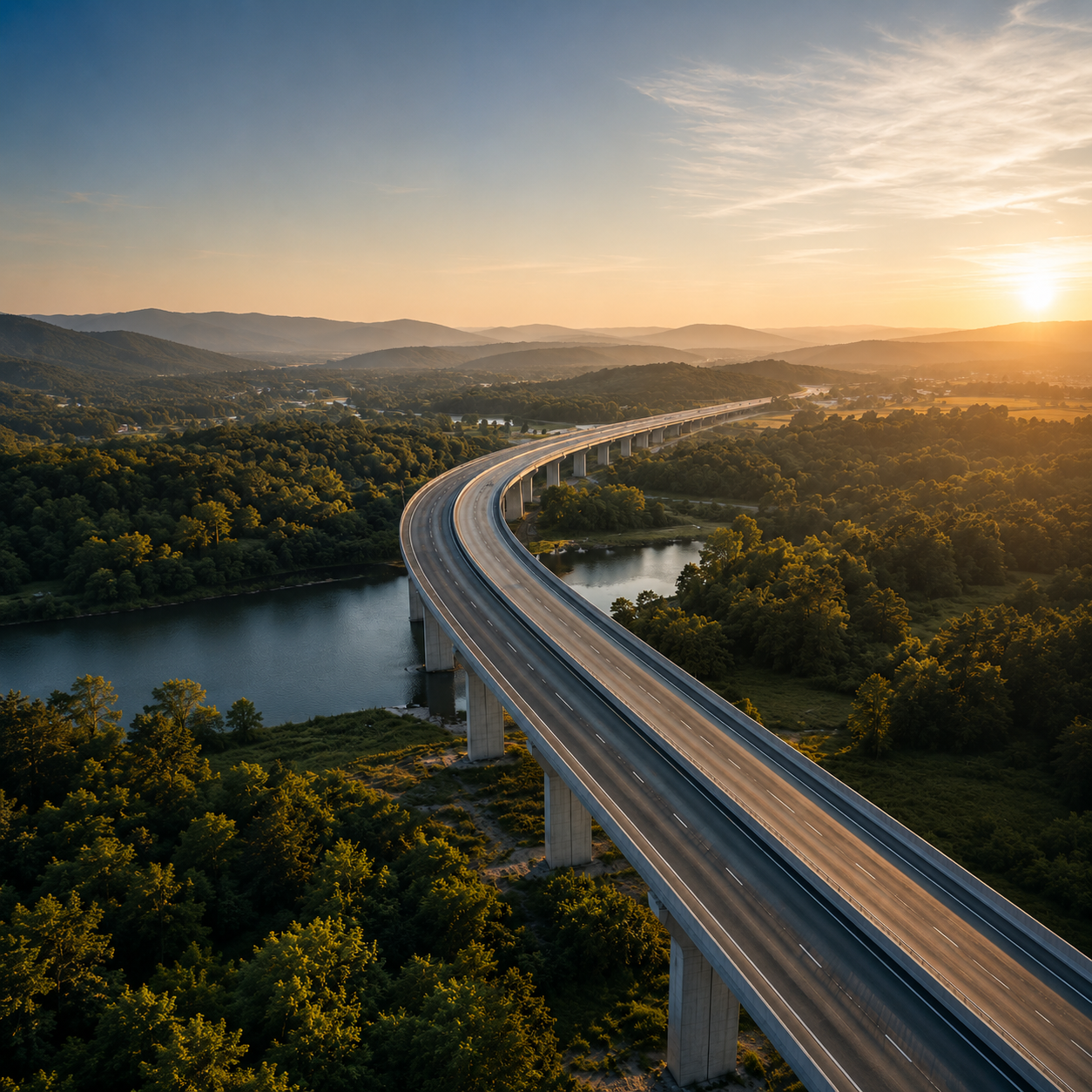 Aerial view of a highway bridge crossing a river valley at sunset