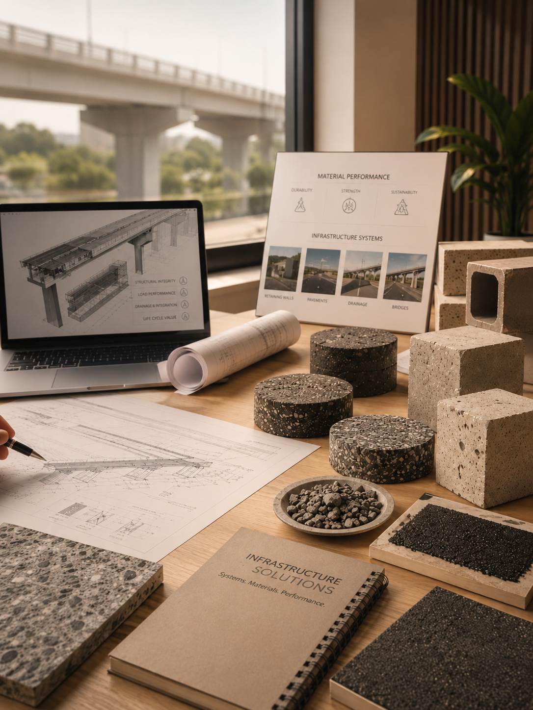 Engineering workspace with infrastructure material samples, bridge drawings, and system performance references.