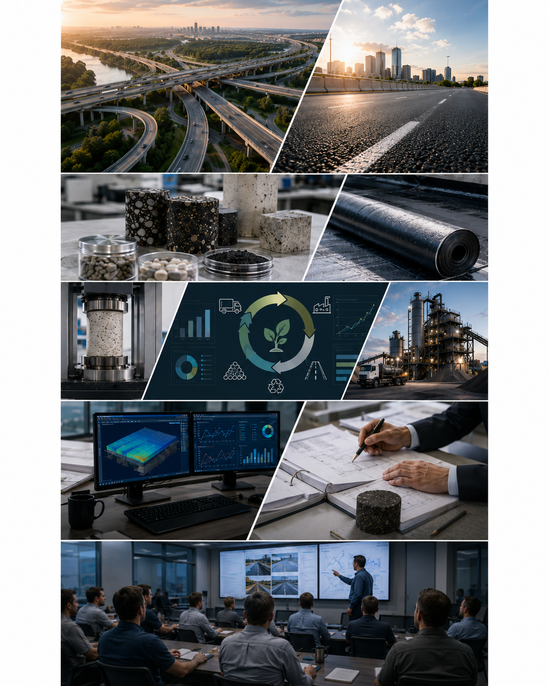 Collage showing transportation infrastructure, pavement materials, concrete testing, waterproofing, sustainability analysis, plant production, performance modeling, and technical training.