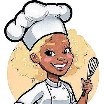 Cartoon illustration of a smiling female chef with curly blonde hair, wearing a white chef's hat and coat, holding a whisk.