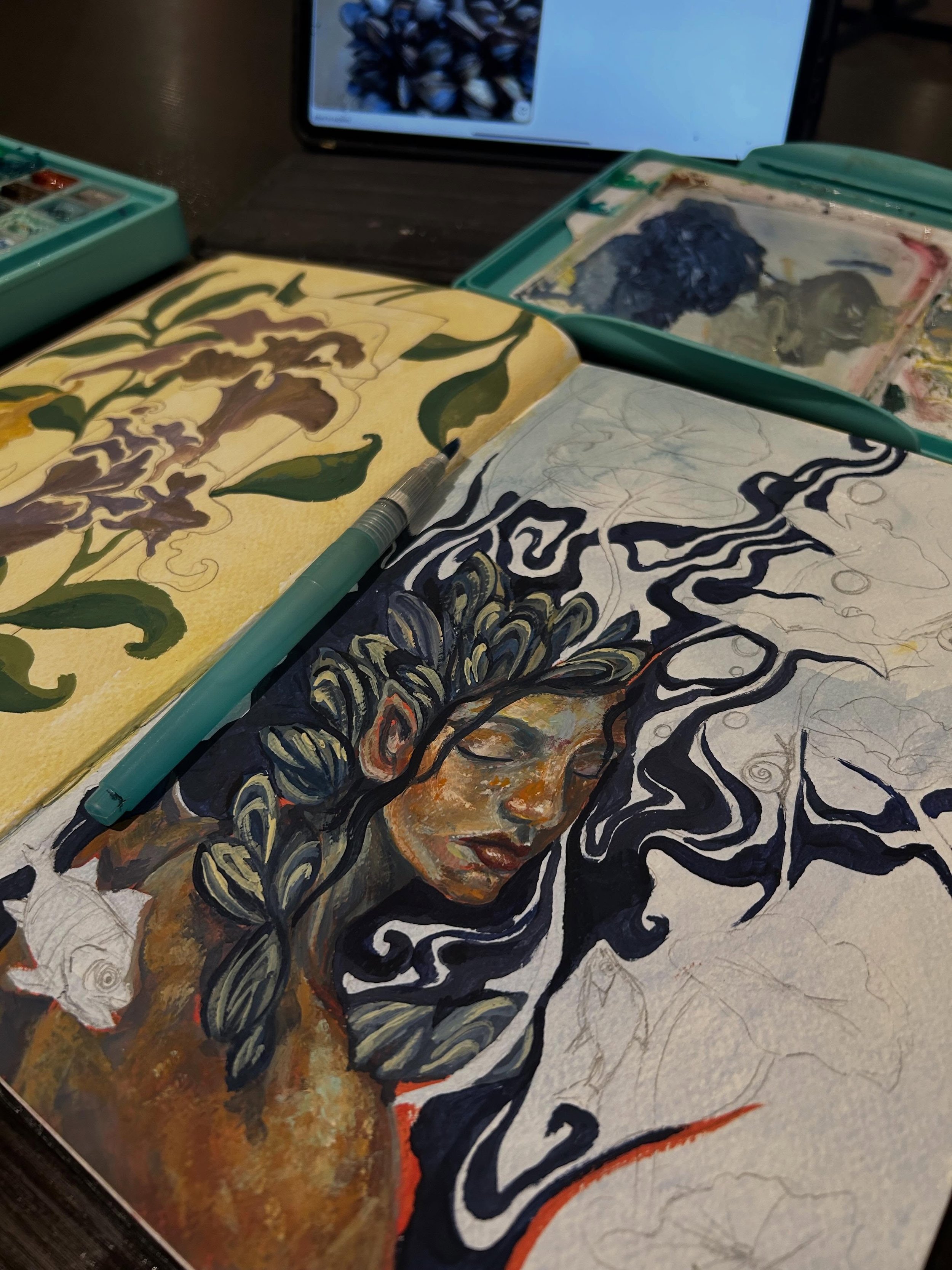 A silly little zoom out carousel post because I get tired of reels and just wanna see art sometimes yknow?  Featuring my current gouache paintings in progress:) + the lovely @hotwaxcoffeeybor that always put up with my art spreading everywhere😂 
~
s