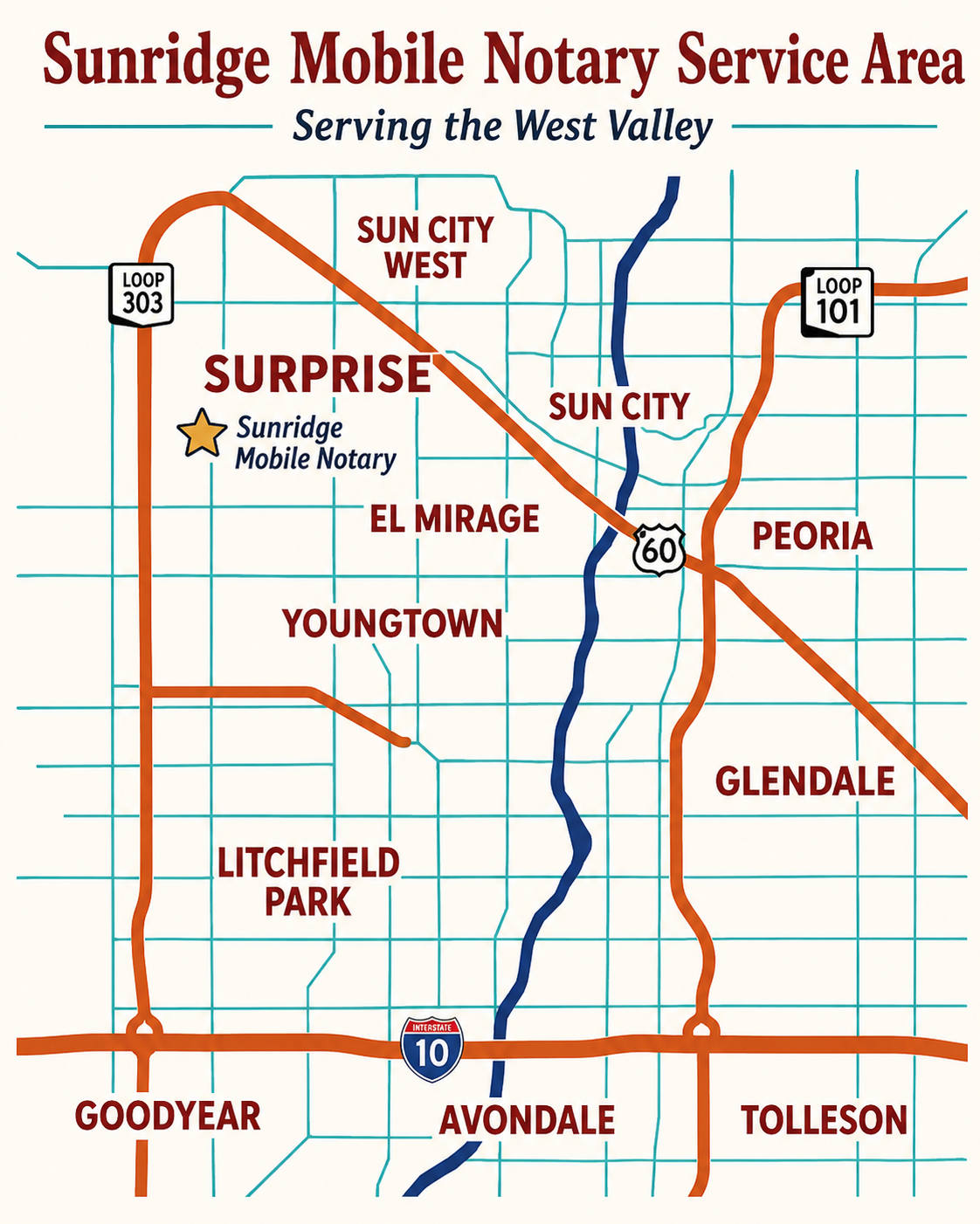 Sunridge Mobile Notary service area map — West Valley Arizona including Surprise, Sun City, Peoria, Glendale, and Goodyear