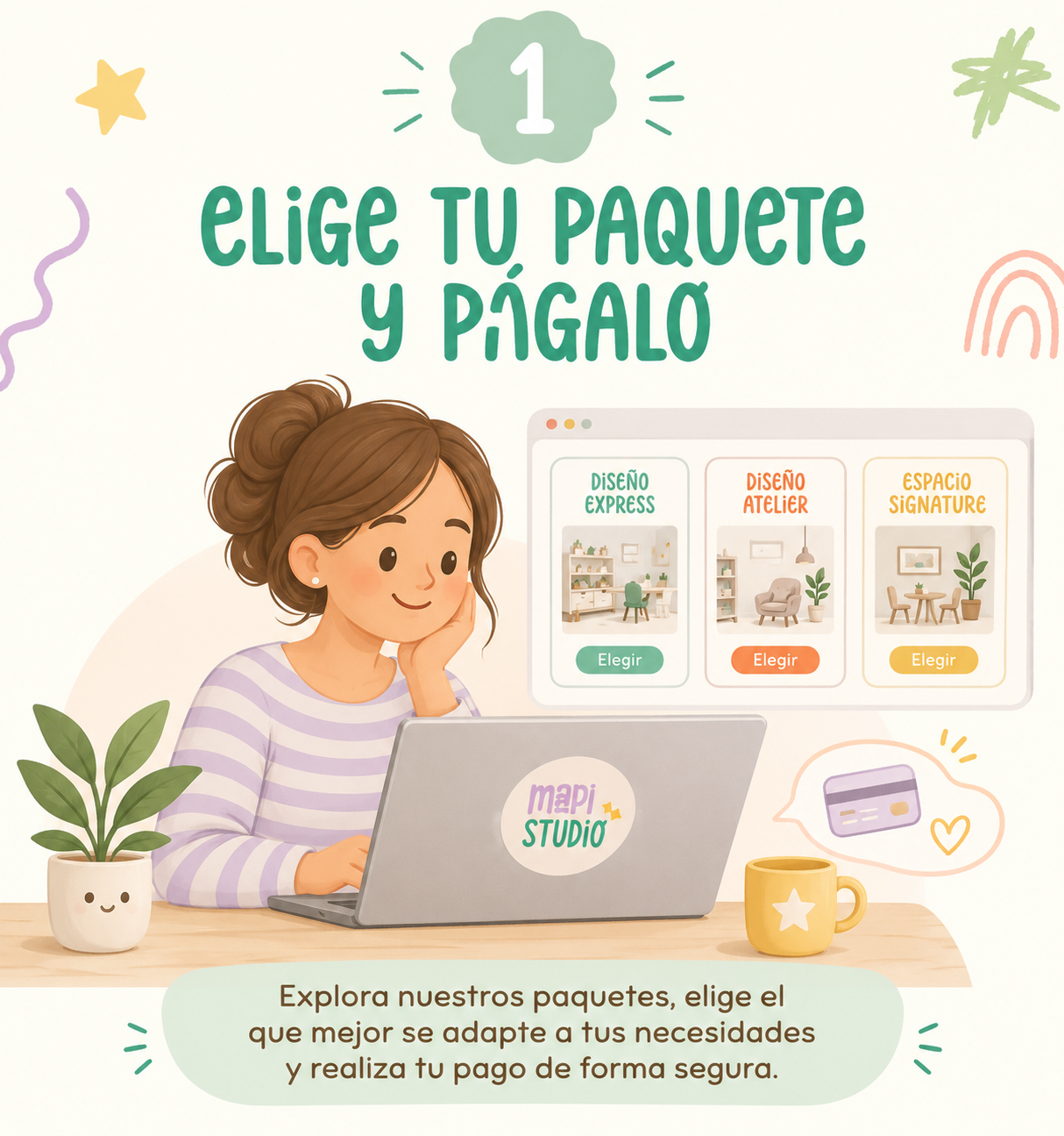 Ilustración de una mujer sentada frente a una computadora portátil explorando opciones de paquetes de diseño, con diferentes íconos y opciones para elegir, rodeada de elementos decorativos. Texto que dice 'Elige tu paquete y págalo'.