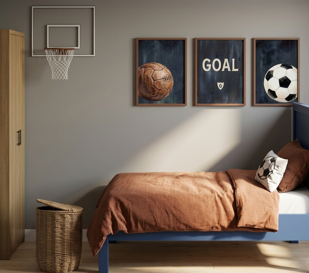 Habitación infantil con pared decorada con cuadros de fútbol, una pelota de fútbol, una pelota de rugby y un cartel que dice "GOAL". Cama con colcha marrón y almohada con motivo de balón de fútbol, y un cesto de mimbre al lado.