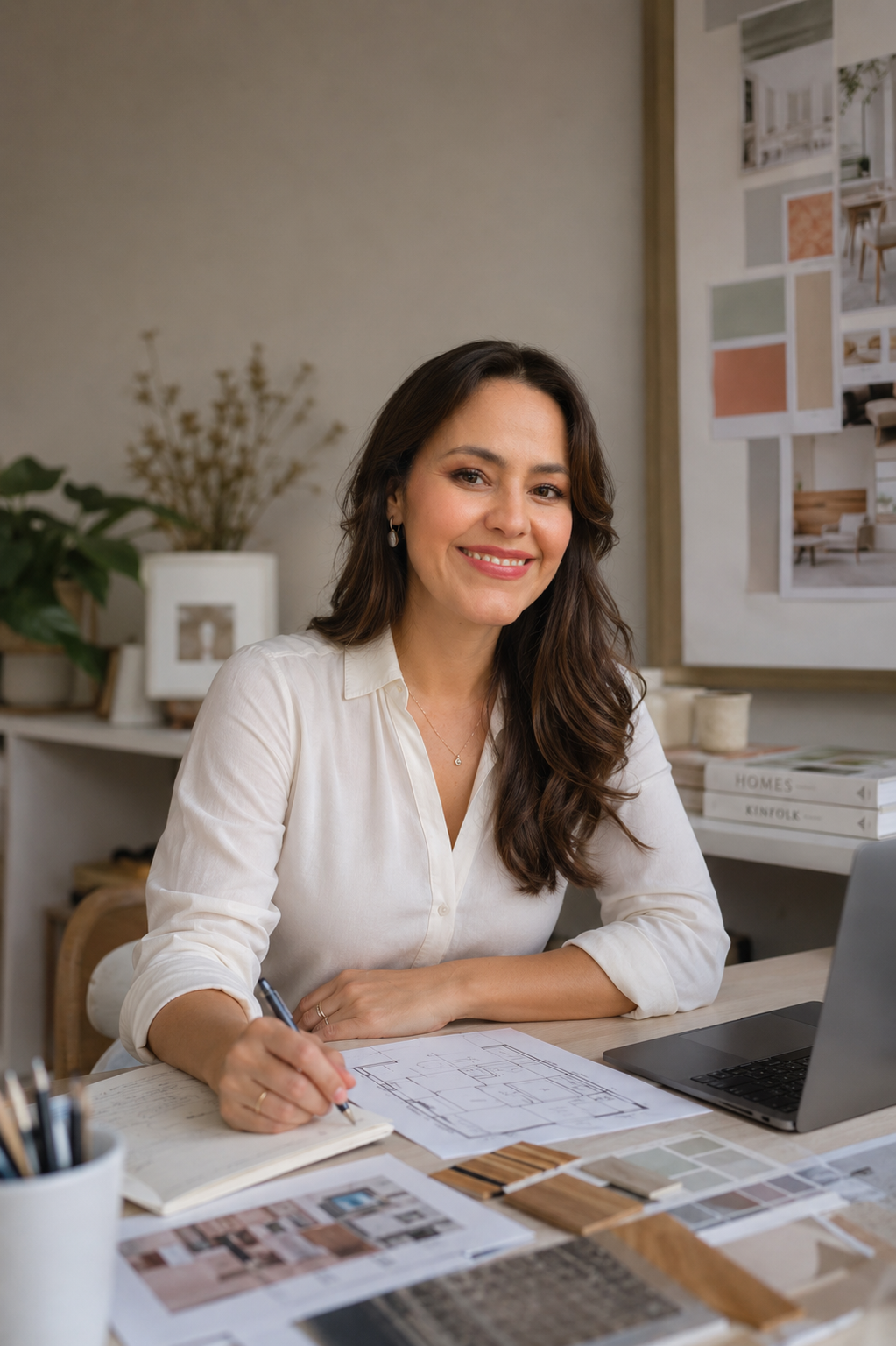 Mujer trabajando en diseño de interiores en su oficina