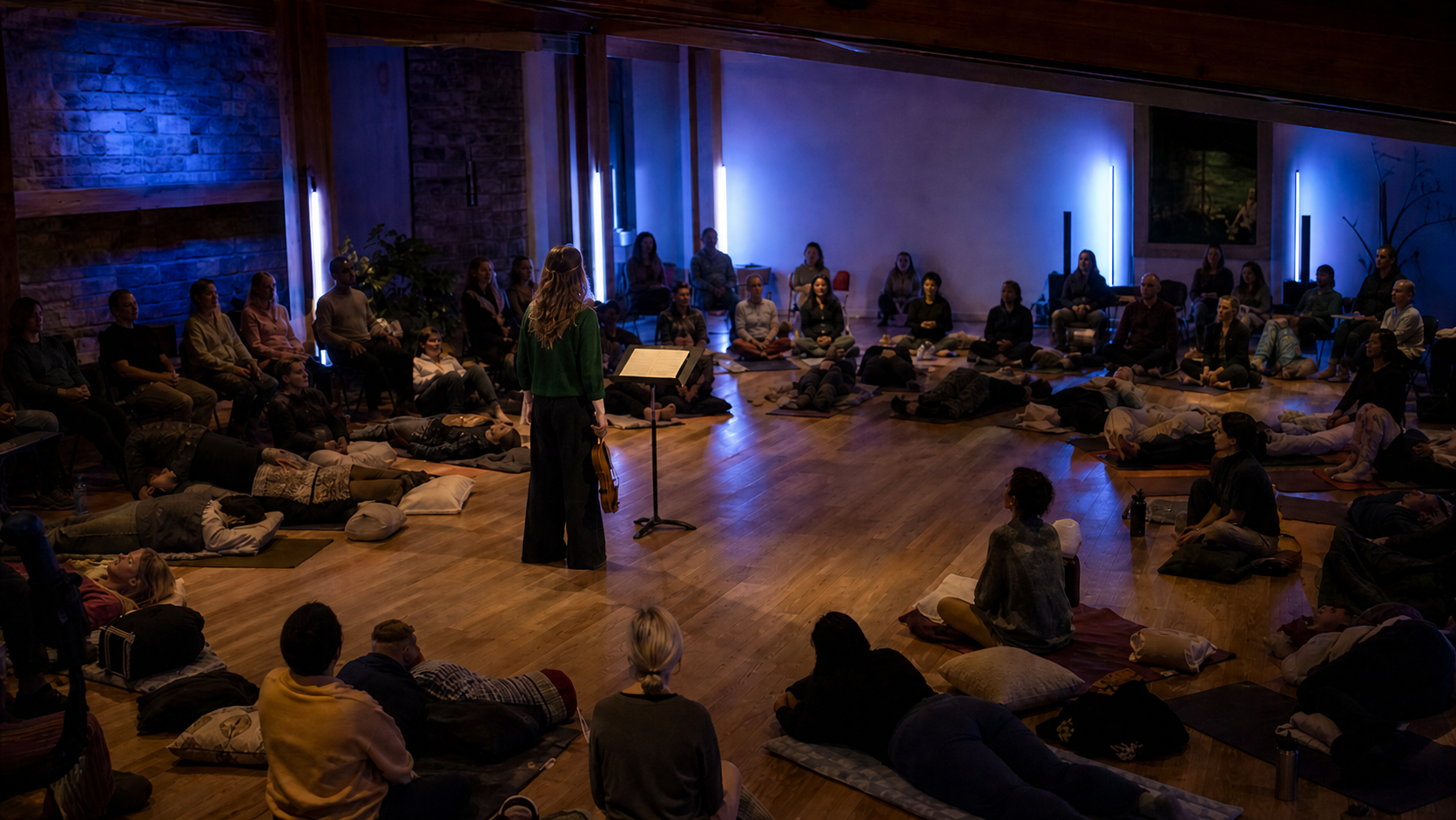 Participants seated on mats, cushions, and chairs in a softly lit room while a violinist leads a ListenStill guided listening experience.