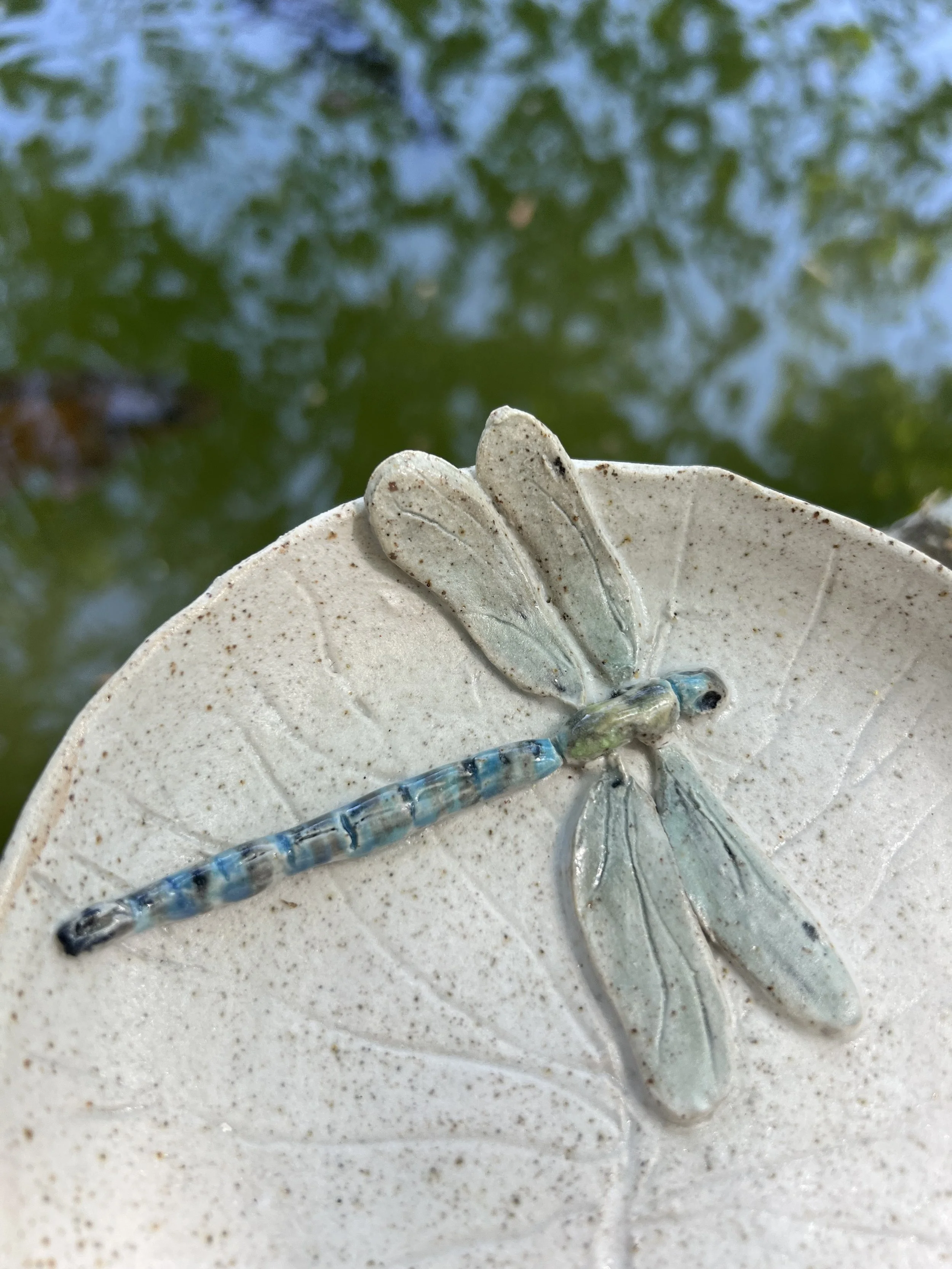Une décoration en forme de dragonfly en céramique sur une surface blanche, avec un reflet bleu sur la queue, devant un fond flou de verdure et de ciel.