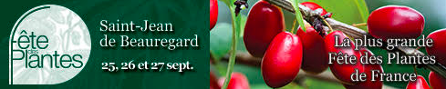 Bannière promotionnelle pour la Fête des Plantes de Saint-Jean de Beaureard, du 25 au 27 septembre, avec des cerises rouges et le logo de l'événement.