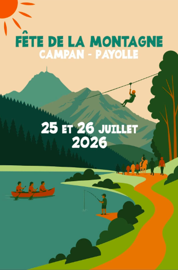 Affiche pour la fête de la montagne à Campan et Ayolle, les 25 et 26 juillet 2026, avec montagnes, arbre, personnes en canoë et en randonnée, et un tyrolienne.