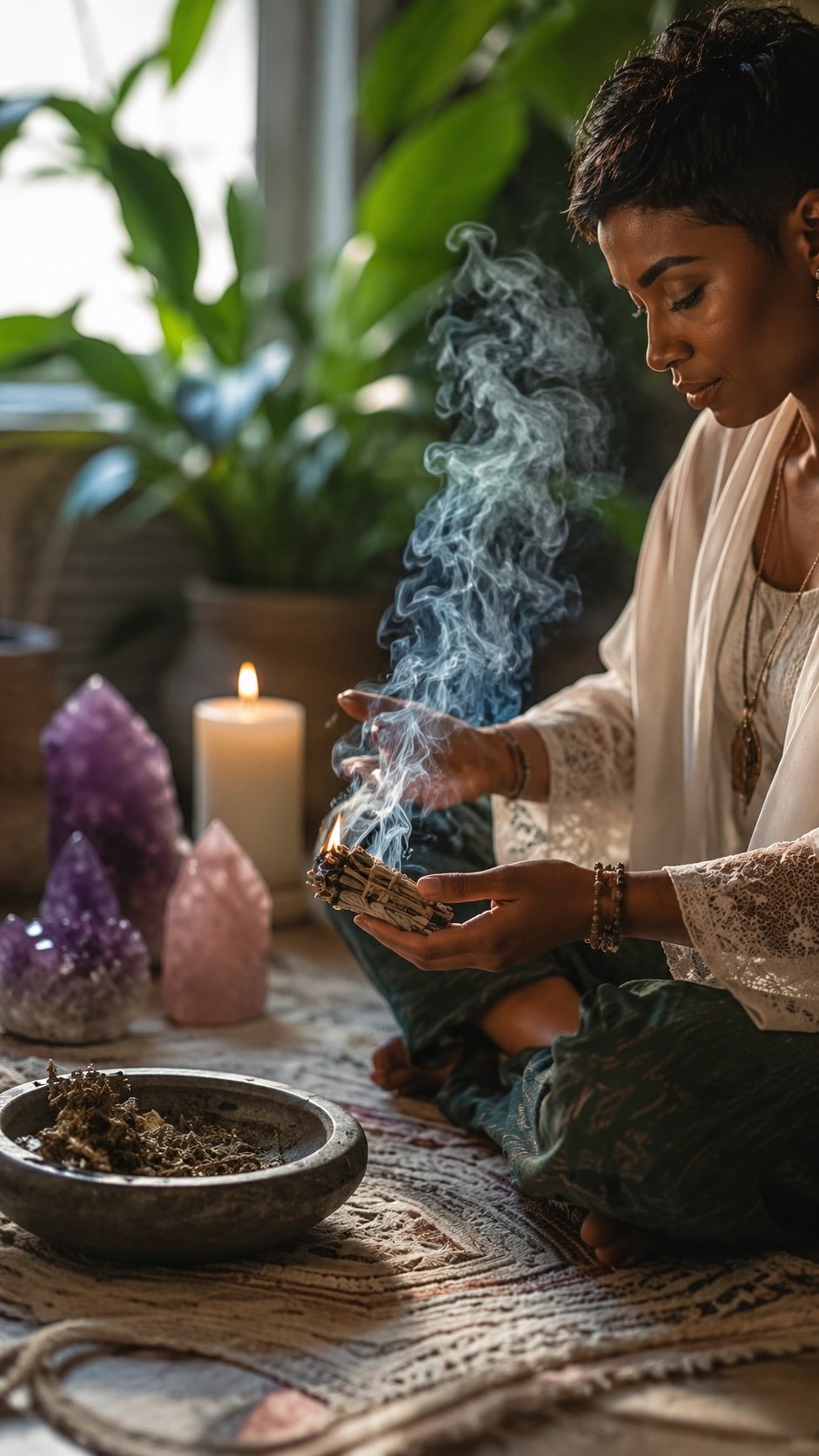 A woman performing a spiritual ritual indoors, sitting on a patterned rug with crystals, candles, and a bowl of herbs or dried plants around her, holding a bundle of herbs with smoke rising from it.