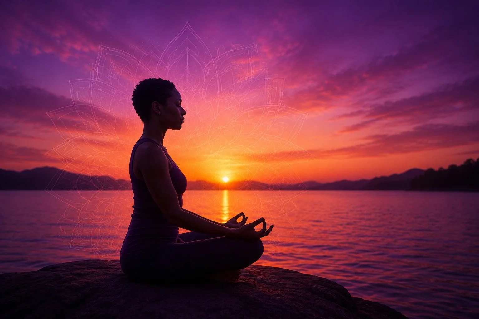 A woman practicing yoga in a lotus position on a rock by a lake during sunset with a pink and purple sky and a geometric mandala overlay.