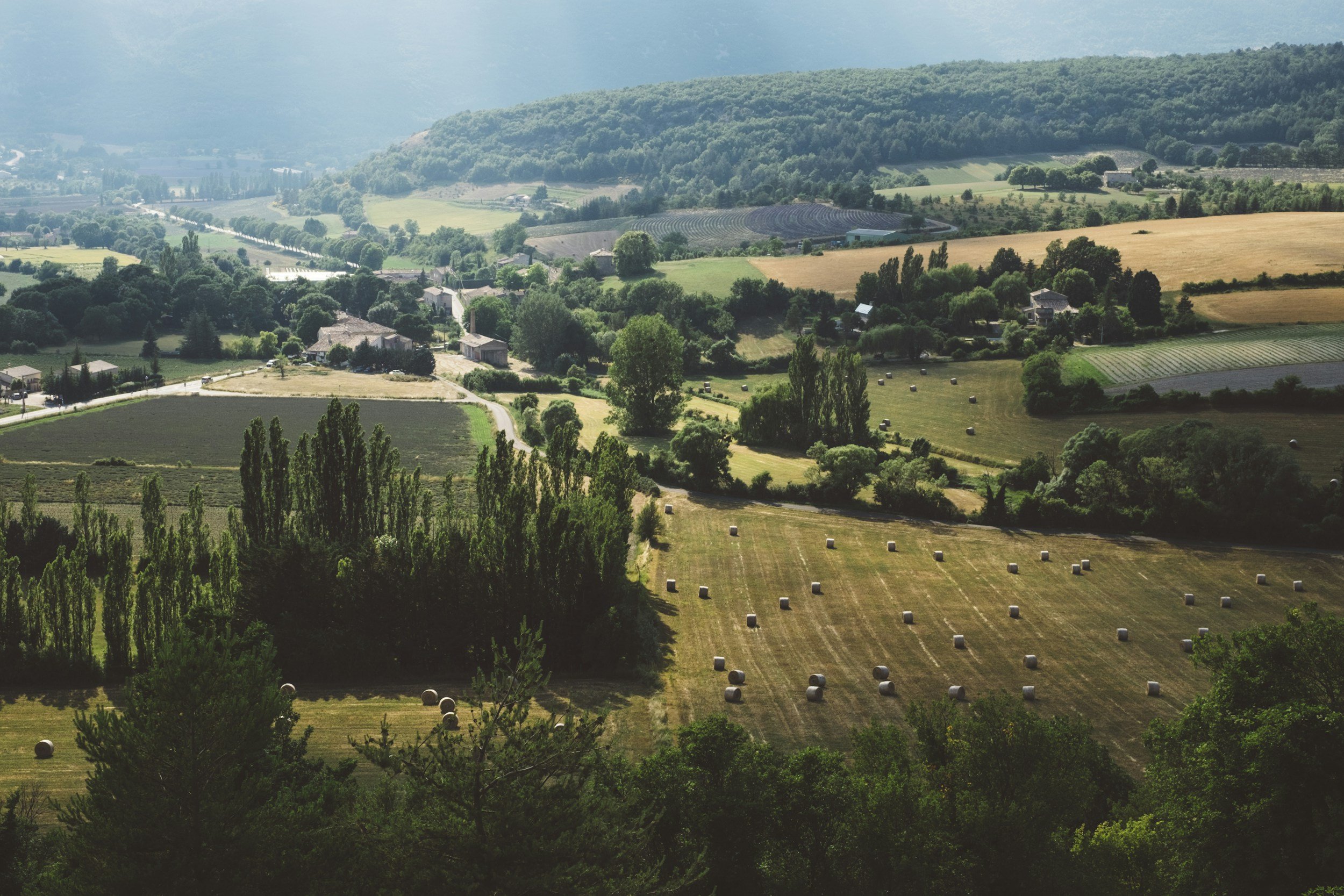 A scenic landscape of rolling green hills with farmland, houses, and rows of crops, with hay bales scattered across a field in the foreground, and trees lining the horizon.