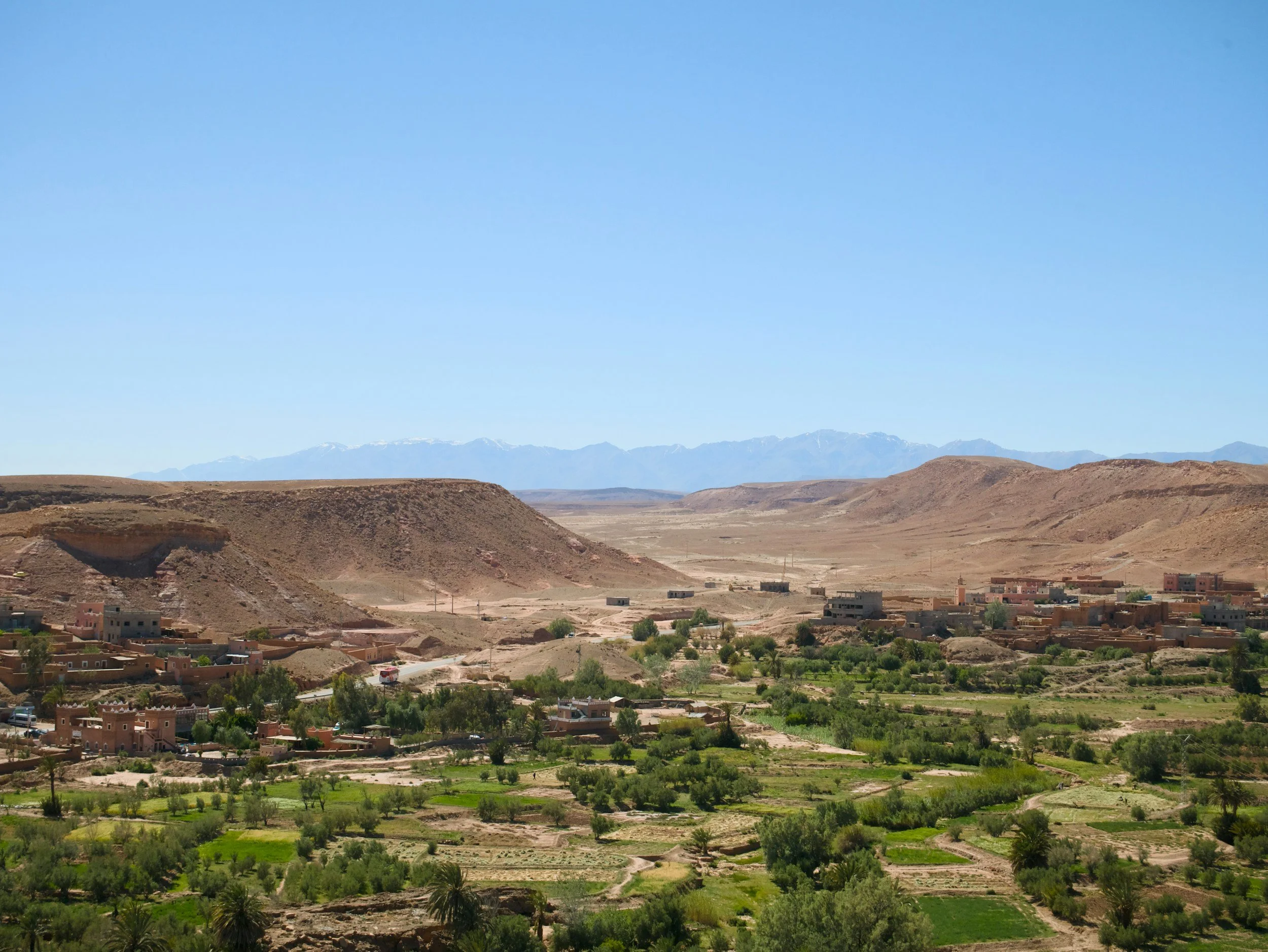 A desert landscape with mountains in the background, a small village or town with buildings, trees, and green agricultural fields in the foreground.