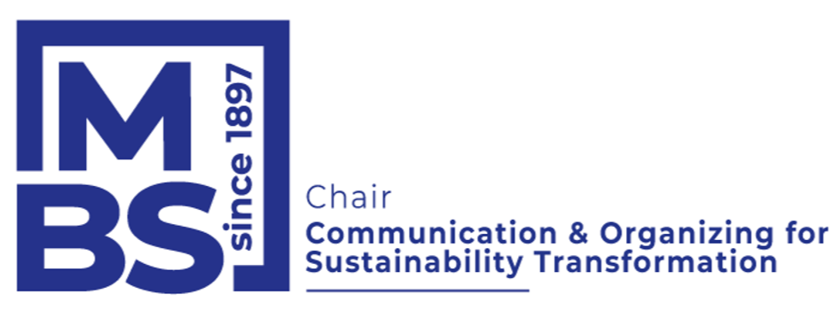 Logo with blue text and design, reading 'IMBS since 1897' and 'Chair Communication & Organizing for Sustainability Transformation'.