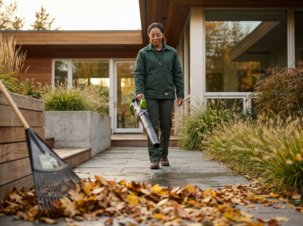 A woman using a leaf blower to clear fallen leaves from a stone pathway outside a modern home with large windows and surrounding autumn plants.