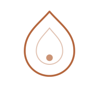A minimalist black and brown splash symbol with a circular dot inside, resembling a water droplet.
