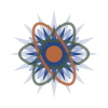 Stylized illustration of an atom with orbiting electrons and a central nucleus.