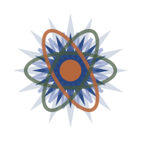 A stylized atomic model with a central nucleus and orbiting electrons, illustrated in blue and orange