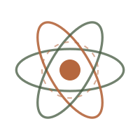 Stylized atomic model with a central nucleus and electron orbits in orange and green.