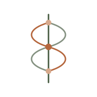 A stylized illustration of a DNA double helix with orange, green, and black colors, featuring connected strands and circular markers.