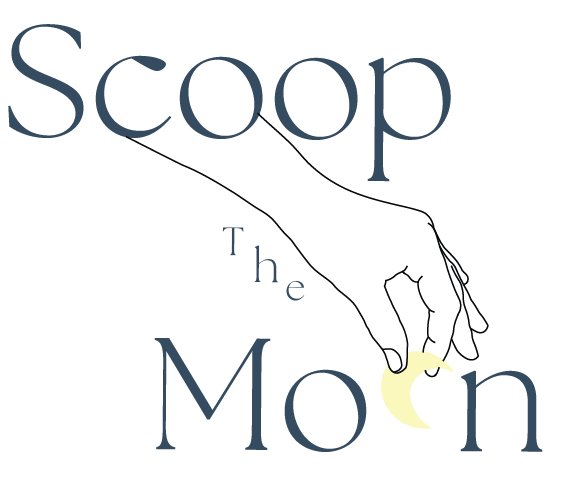 Scoop The Moon Logo with a hand reaching into the word moon and pulling up a small moon in it's fingers from the word.