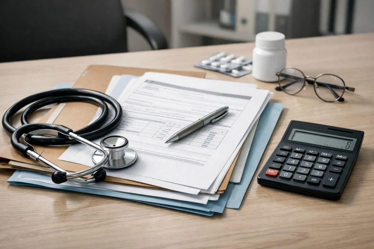 Desk with medical documents, stethoscope, pen, computer keyboard, bottle of pills, blister pack of medication, eyeglasses, and files.