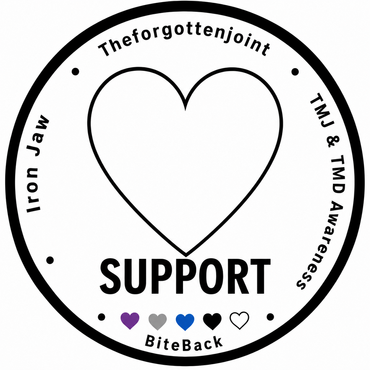 A circular design with a heart outline in the center. The text around the circle reads 'Theforgottenjoint, TMJ & TMD Awareness, Iron Jaw, SUPPORT, BiteBack.' There are six small hearts depicted at the bottom in purple, gray, blue, black, white, and black outlines.