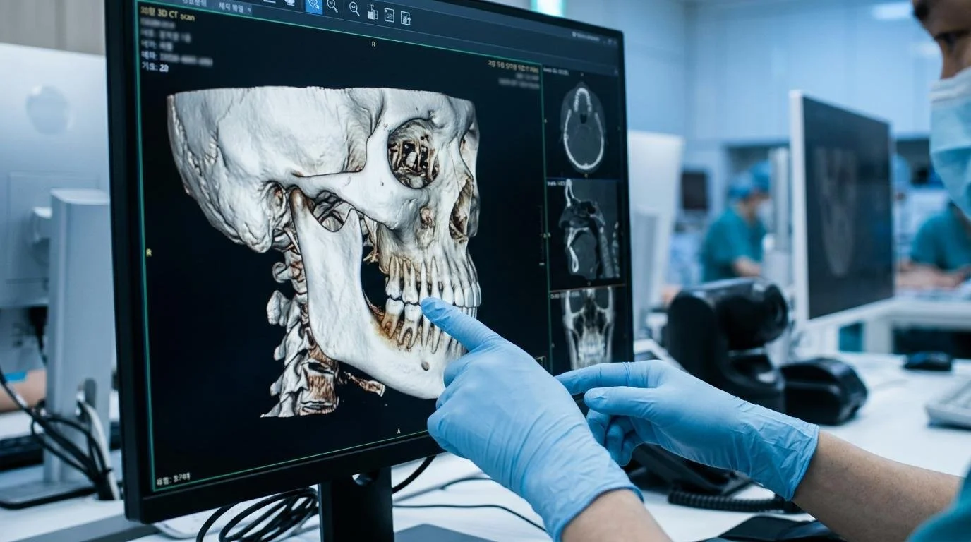 Medical professionals in scrubs and masks examining a 3D scan of a human skull on a computer monitor in a clinical setting.