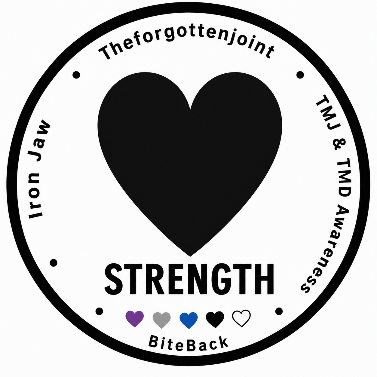 A circular logo with a large black heart in the center. Surrounding the heart are words: "Theforgottenjoint," "TMJ & TMD Awareness," "Iron Jaw W," and "Strength." The bottom of the circle says "BiteBack." There are five small hearts in purple, gray, blue, black, and white below the word "Strength."