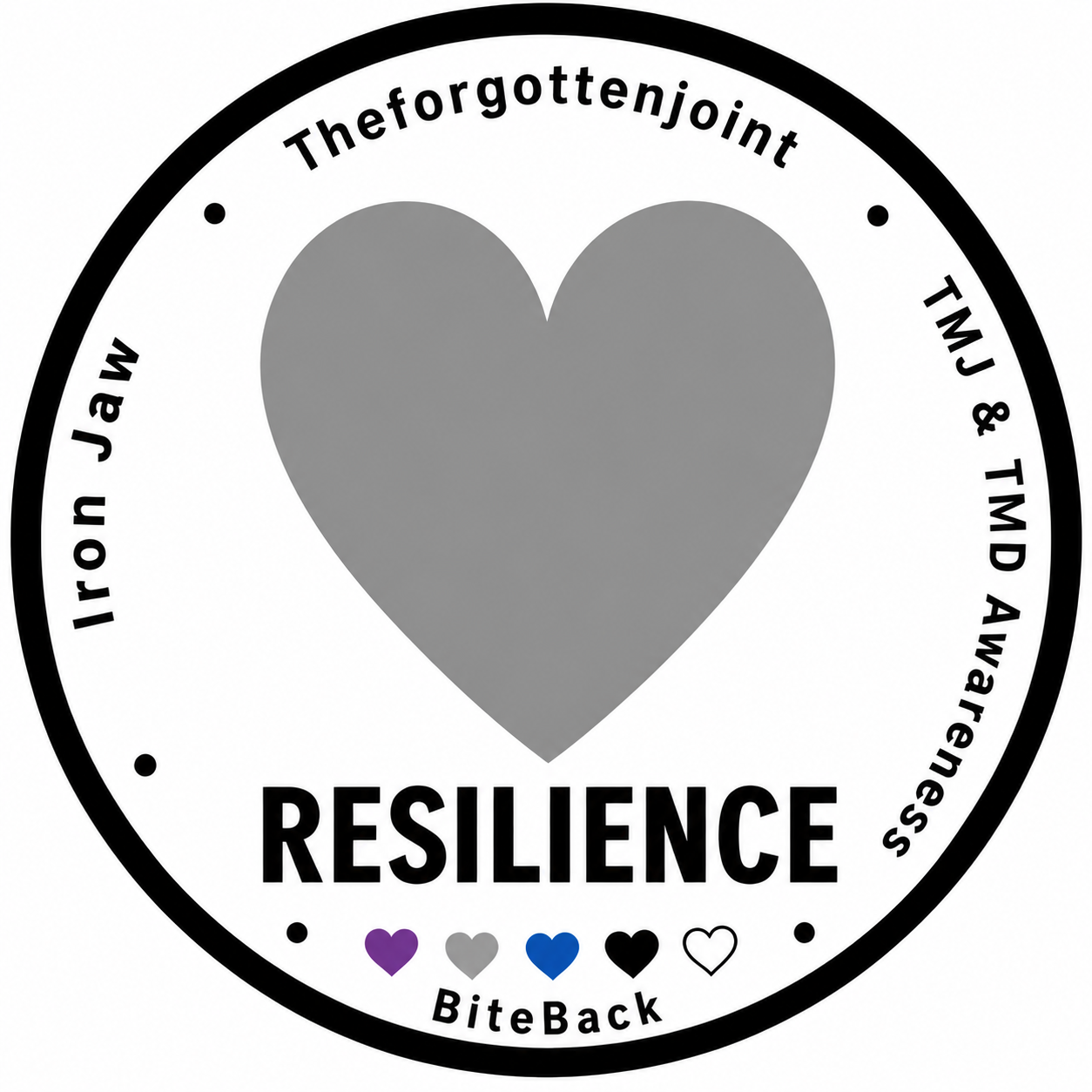 A circular logo with a large grey heart in the center and black border. The text around the border reads 'The forgotten joint,' 'TMJ & TMD Awareness,' 'Irón Jawn Jaw,' and 'RESILIENCE' in bold at the bottom. There are five small hearts in purple, grey, blue, black, and white at the bottom, with the word 'BiteBack' beneath them.