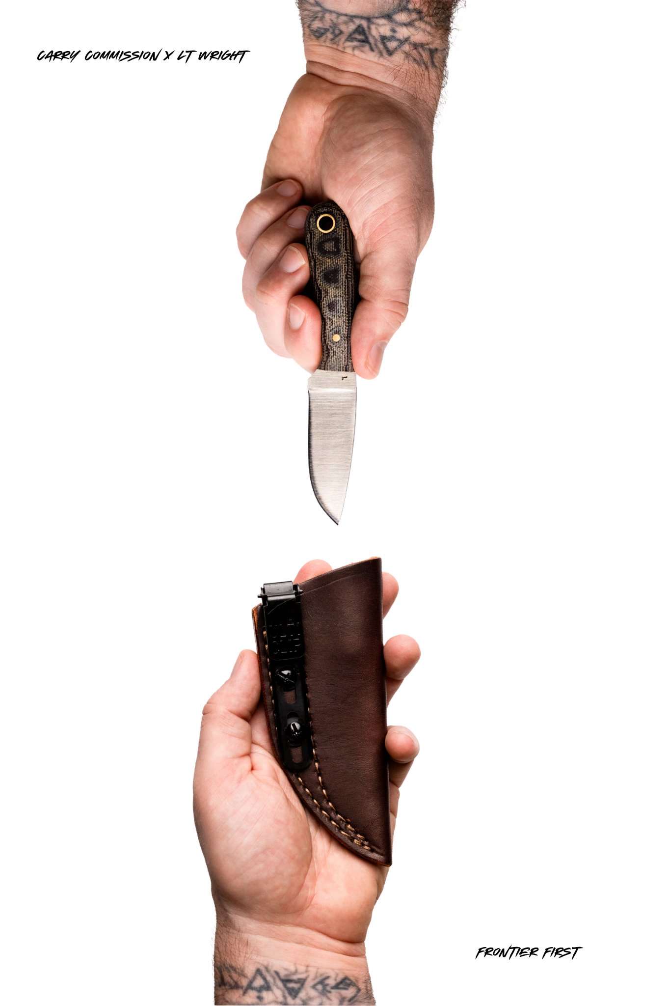 A right hand holding a kitchen knife with a black handle and a silver blade. The hand is tattooed on the wrist with a black design. The background is white. There is text in the top left corner that reads 'Carry Commission x LT Wright' and text in th