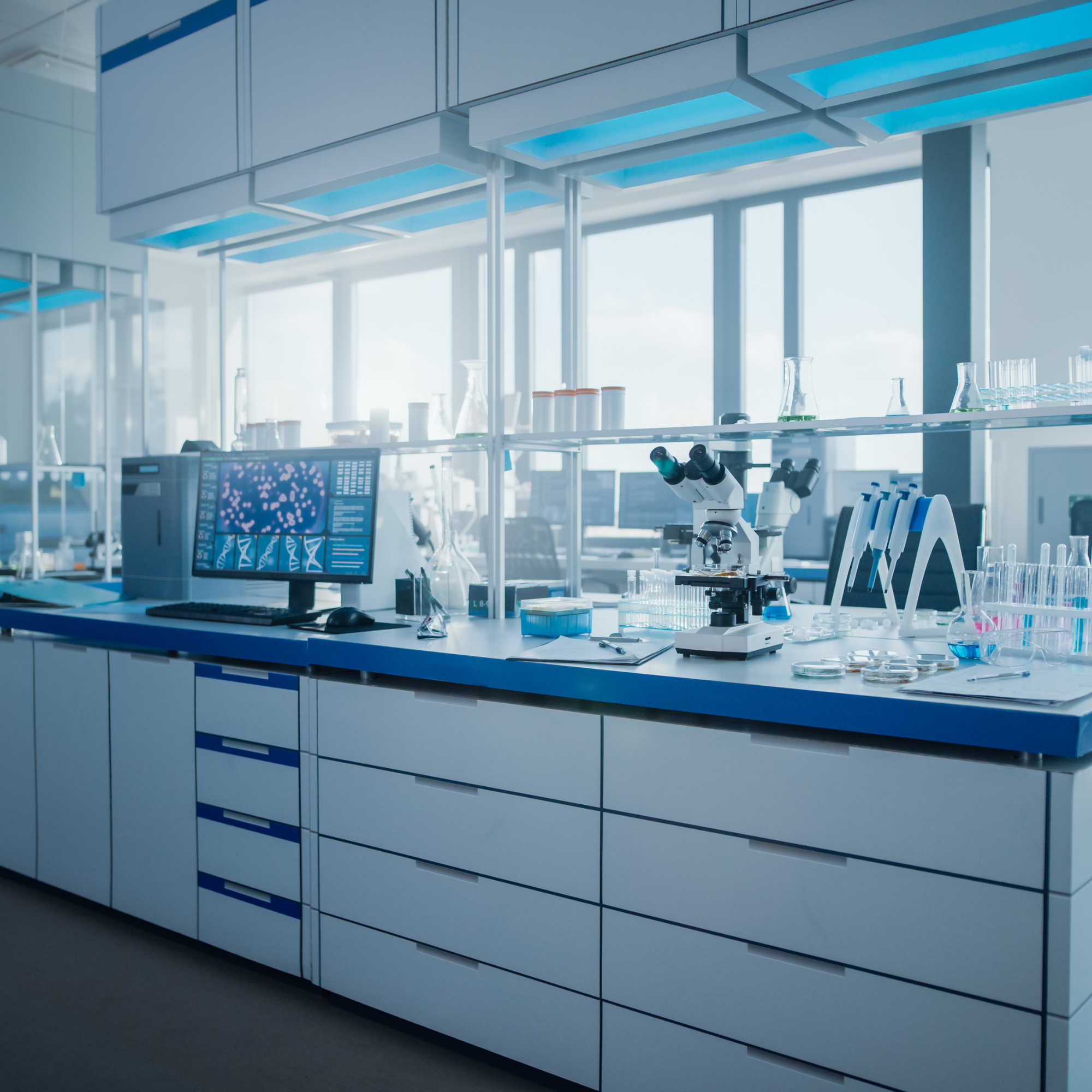 Modern laboratory with white cabinets, blue accents, scientific equipment including a microscope, test tubes, and a computer, illuminated by natural light from large windows.