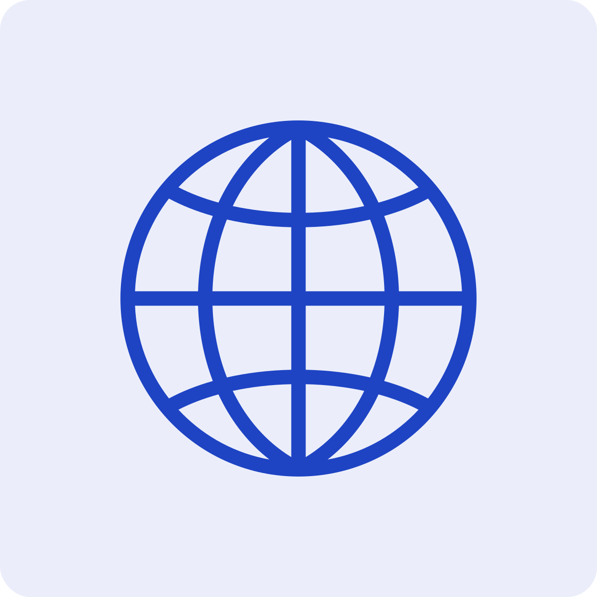 Icon of a globe with longitude and latitude lines in blue on a light background.