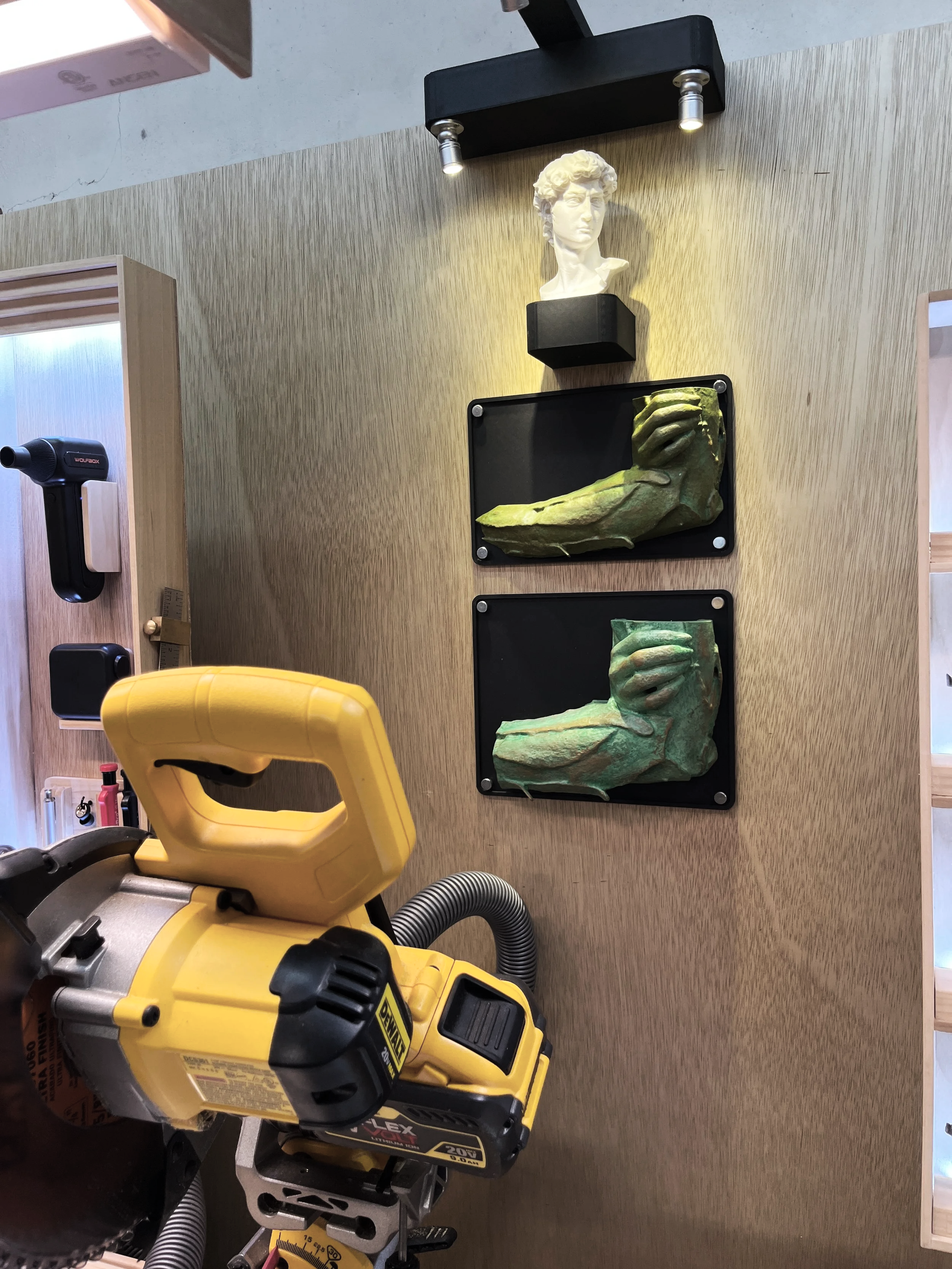 Client project samples displayed in a custom workshop