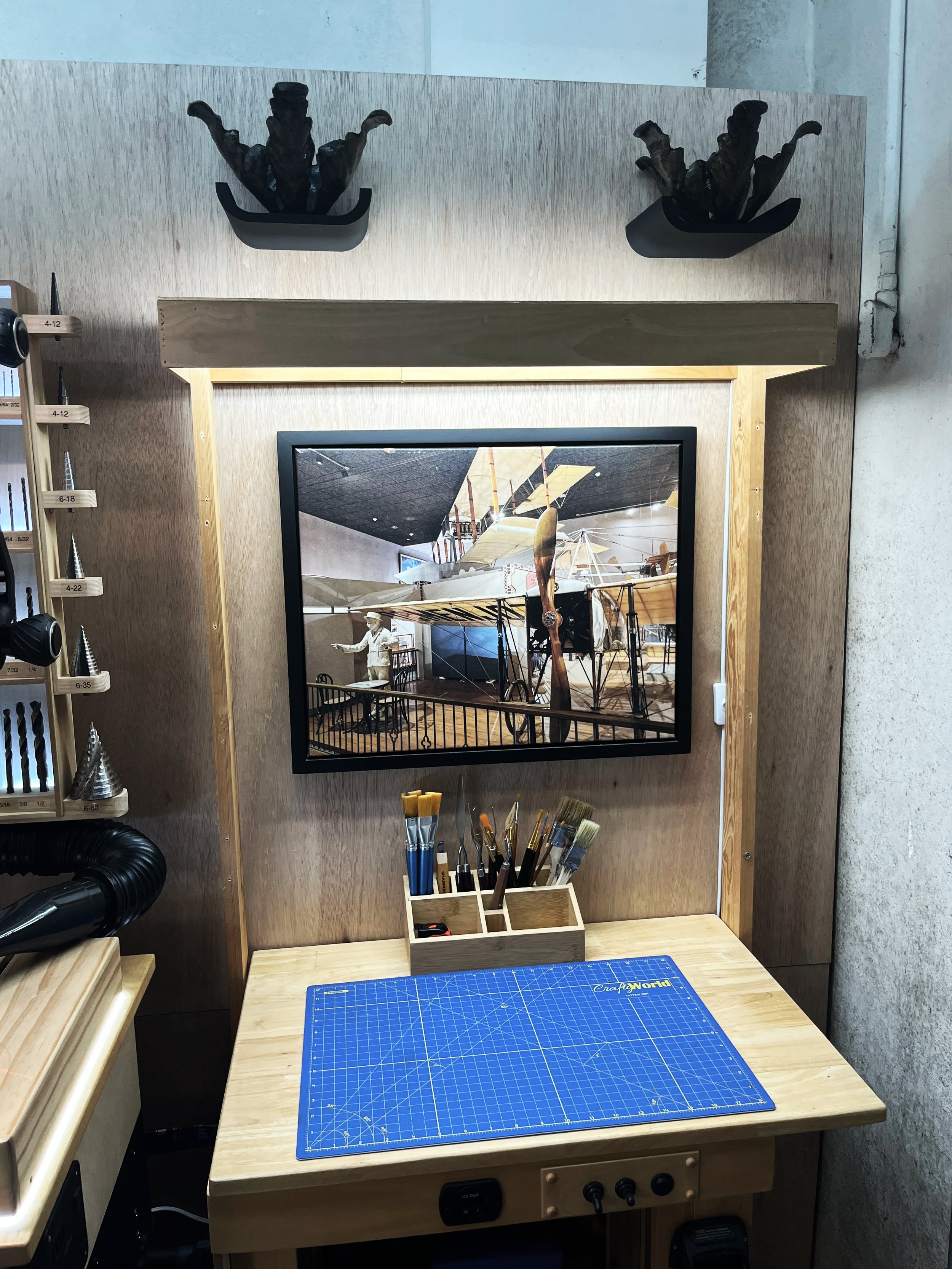 Custom woodworking cutting table with integrated workspace