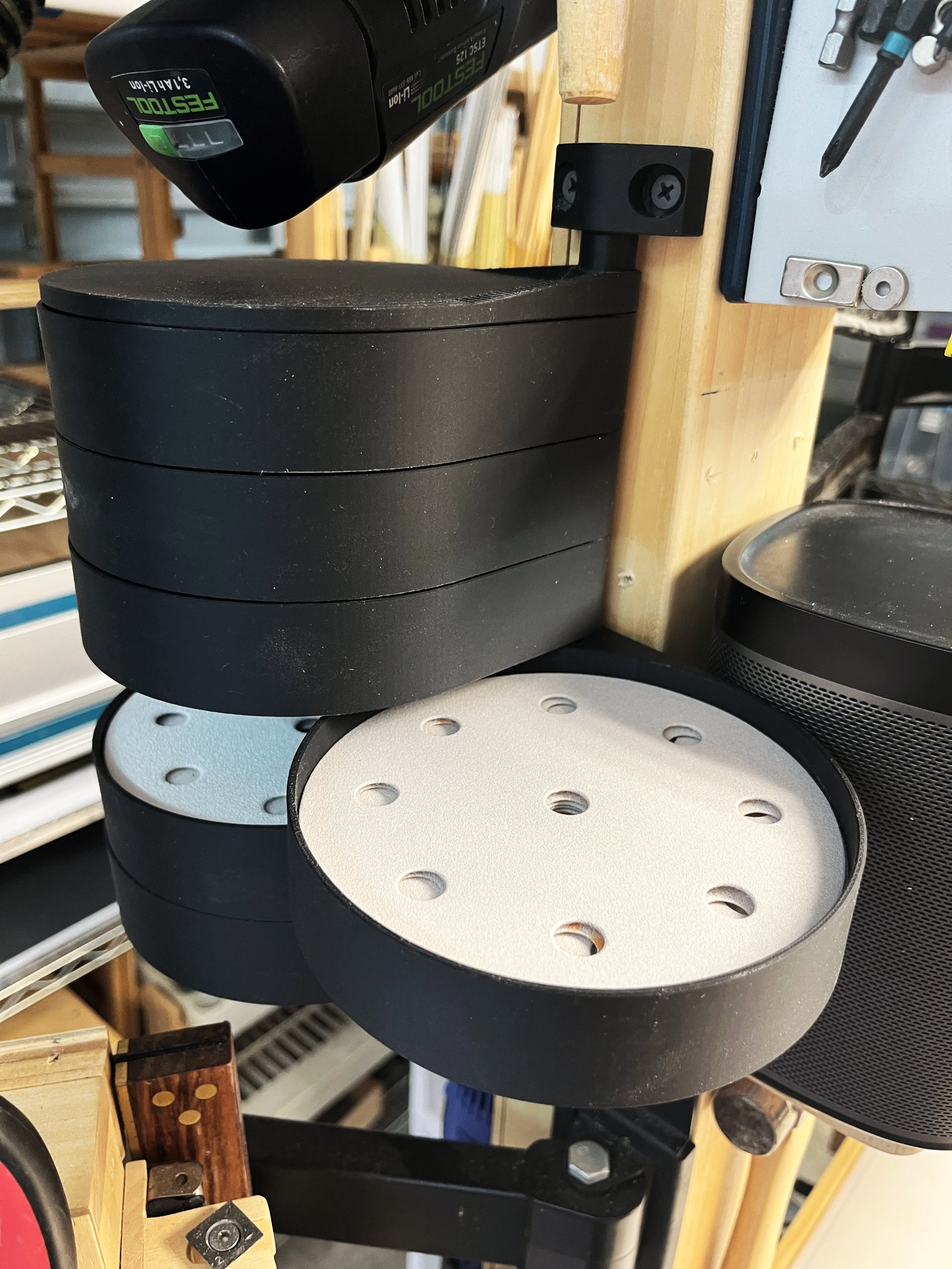 Festool sanding discs organized by grit in custom 3d printed storage rack