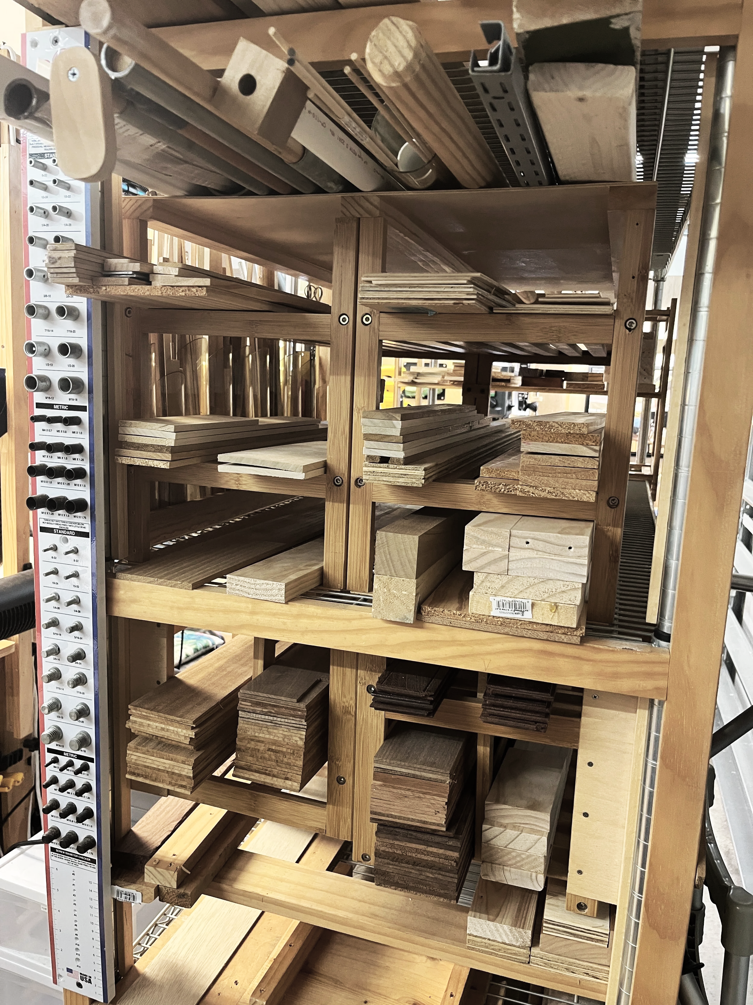 Rolling lumber storage rack for a custom woodworking shop