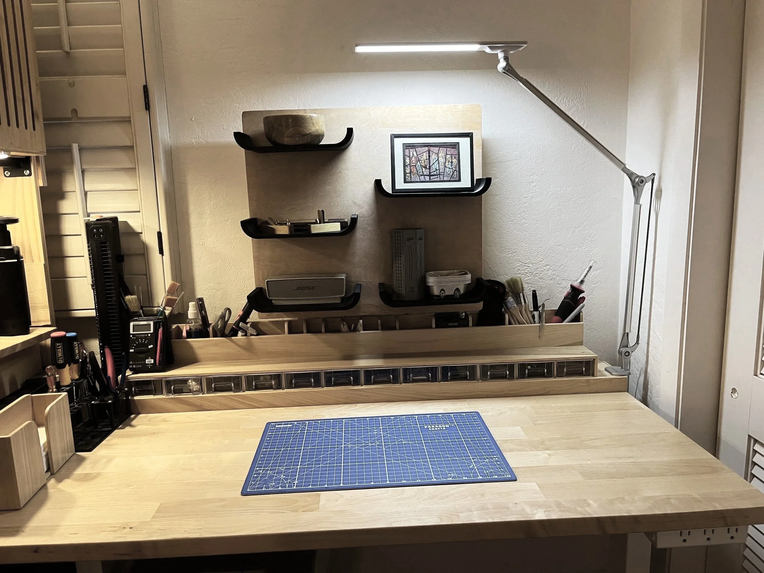 Custom crafting bench with organized workspace and storage