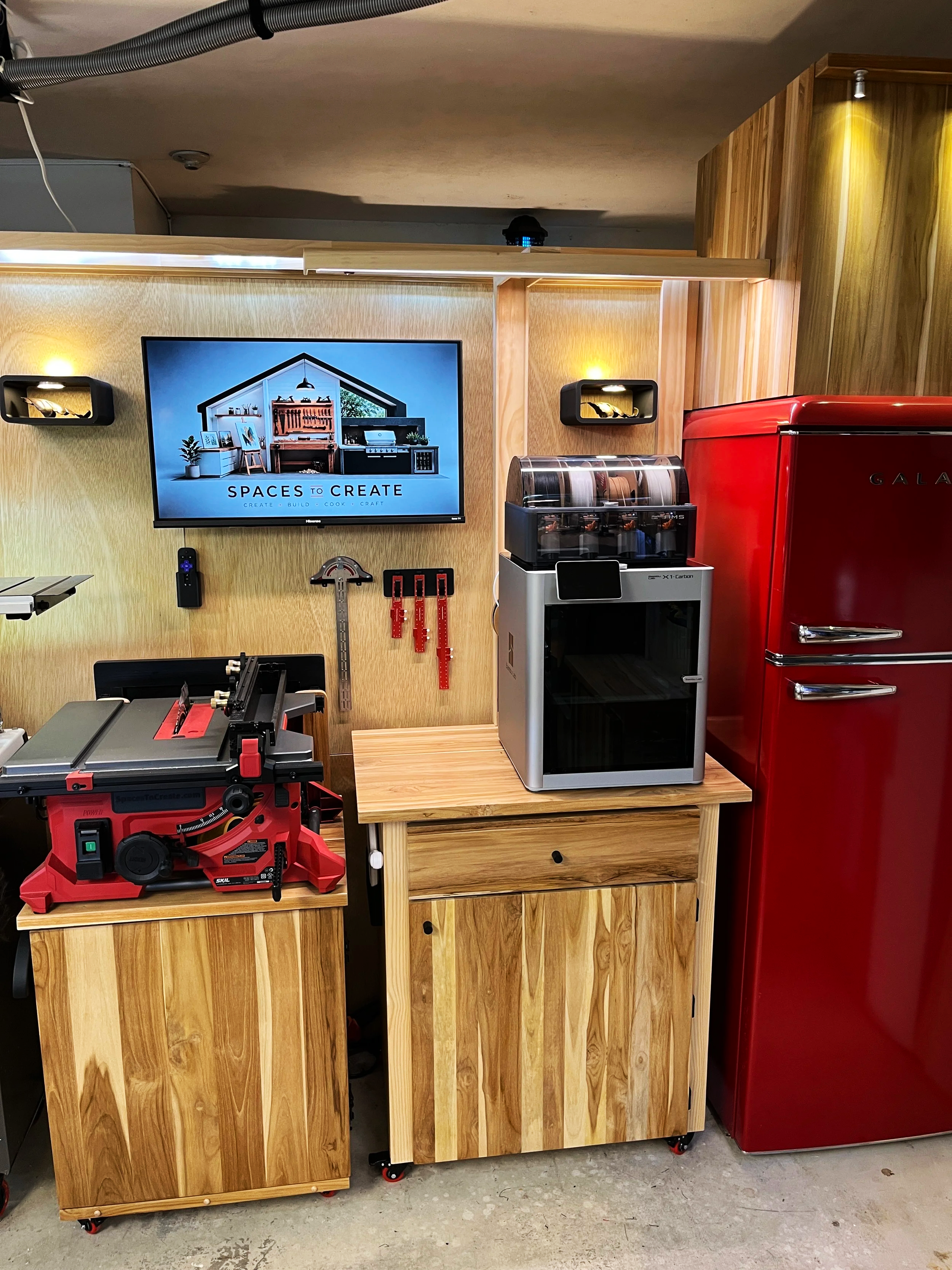 Custom home woodworking shop with organized tools, workbench and storage