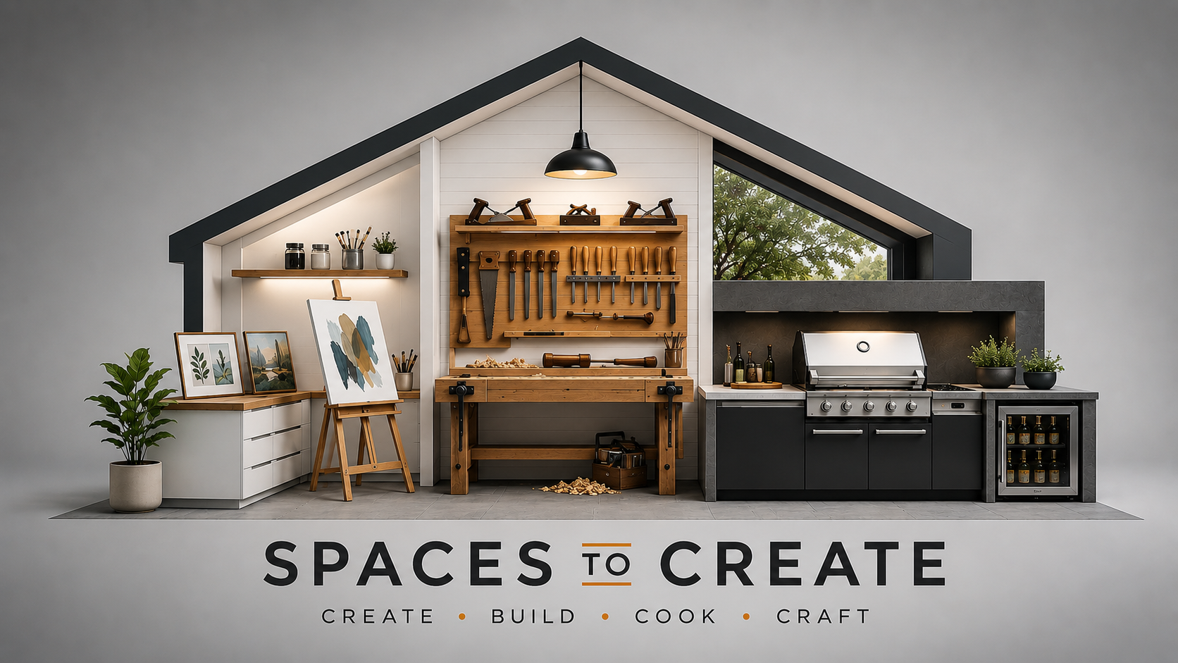 Modern outdoor kitchen with a black grill, wood tools, art supplies, plants, and a large window with a view of trees, under a gabled roof with black trim.