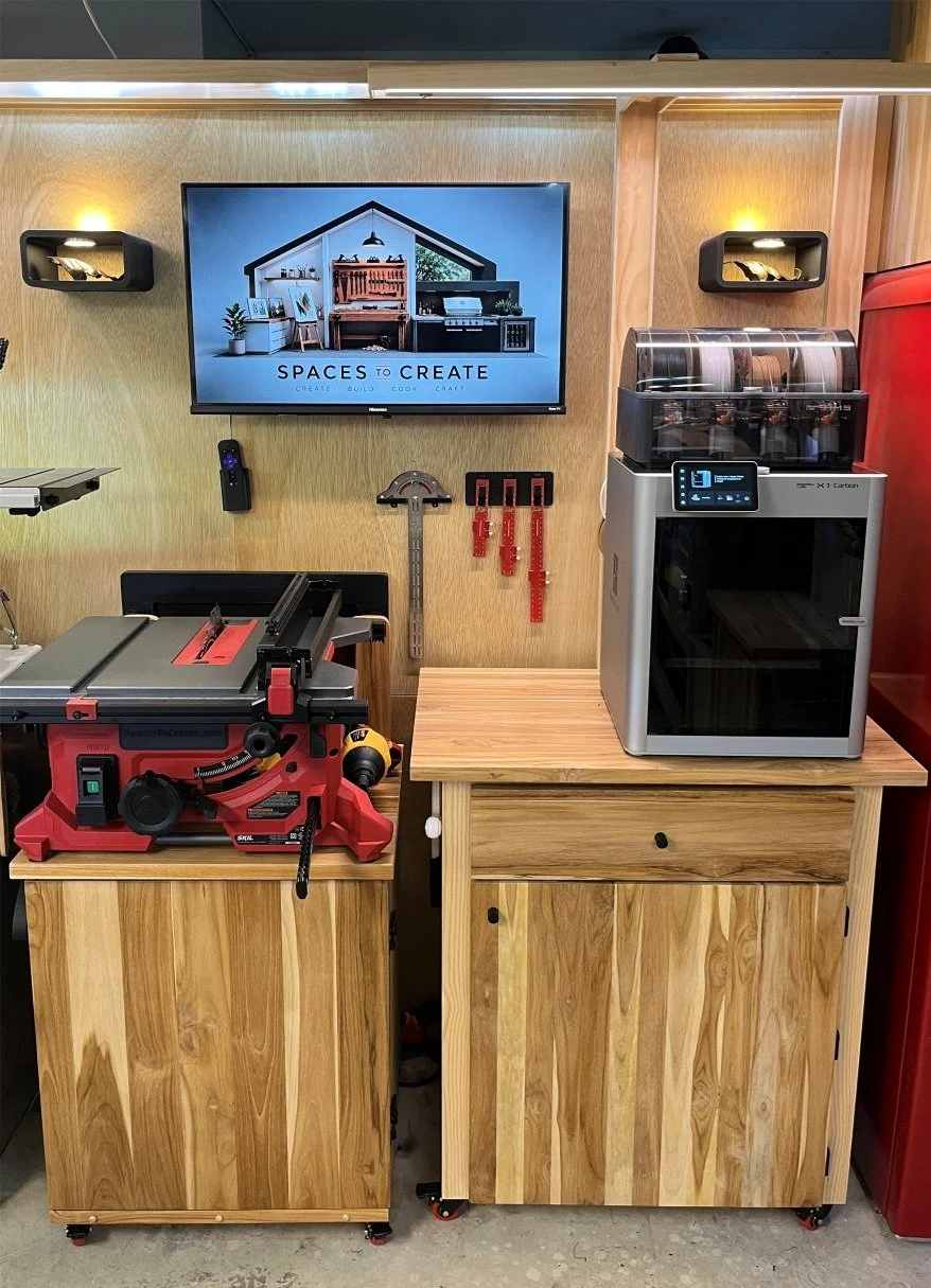 Custom modular woodworking workstations with integrated tool storage, spaces to create logo and Bambu Labs Z1 Carbon 3D printer