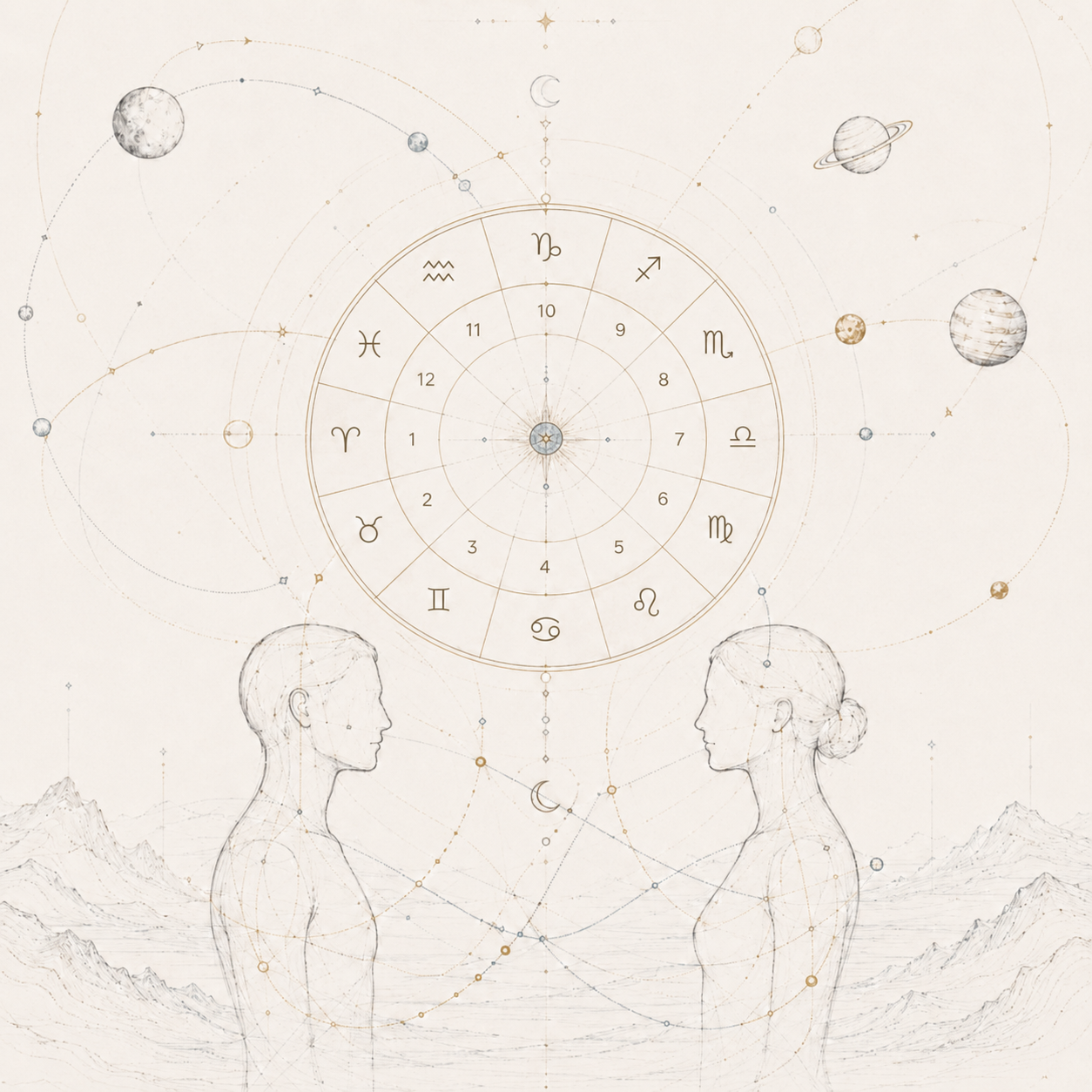 Astrological chart with zodiac signs, moons, planets, and two human figures facing each other with mountains in the background.