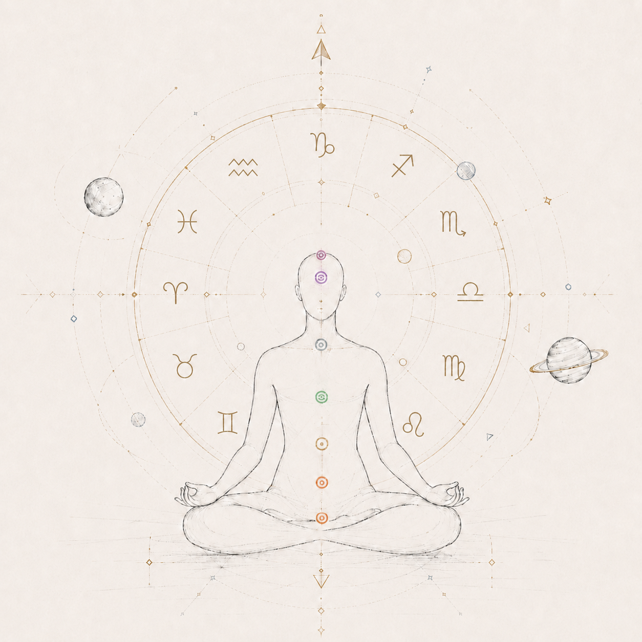 A line drawing of a person in a seated meditation pose with closed eyes, surrounded by zodiac symbols and planets, with a circular design behind them on a light background.