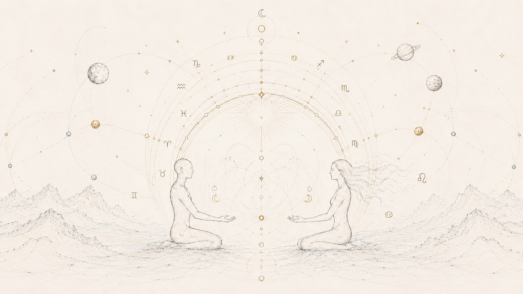 A celestial-themed drawing of two human figures, a male and a female, kneeling and facing each other with outstretched hands. The background features star diagrams, moon and planet illustrations, and mountain outlines, creating an ethereal, mystical atmosphere.