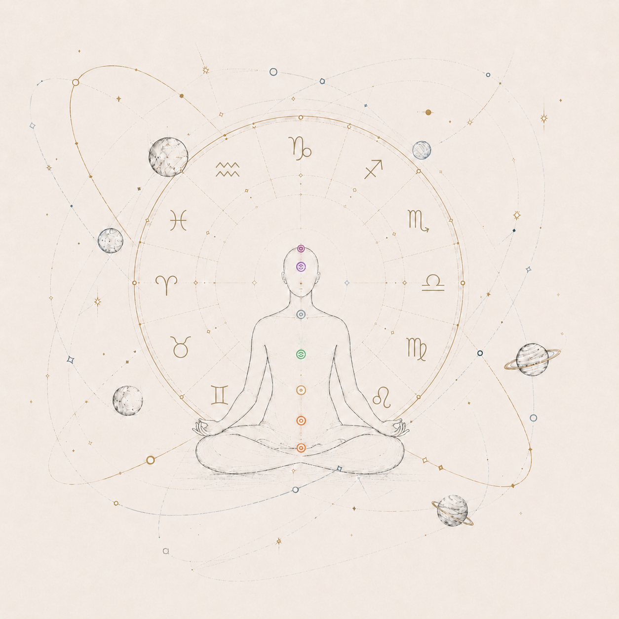 Line drawing of a person in a meditative pose with astrological symbols, planets, and celestial patterns surrounding them.
